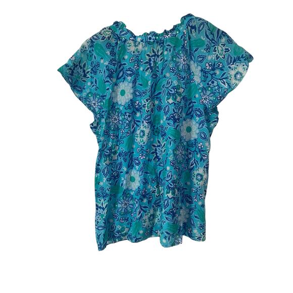 Talbots Womens Short Sleeve Blue Green Floral Tassel Lightweight Blouse Size XL - Picture 5 of 5
